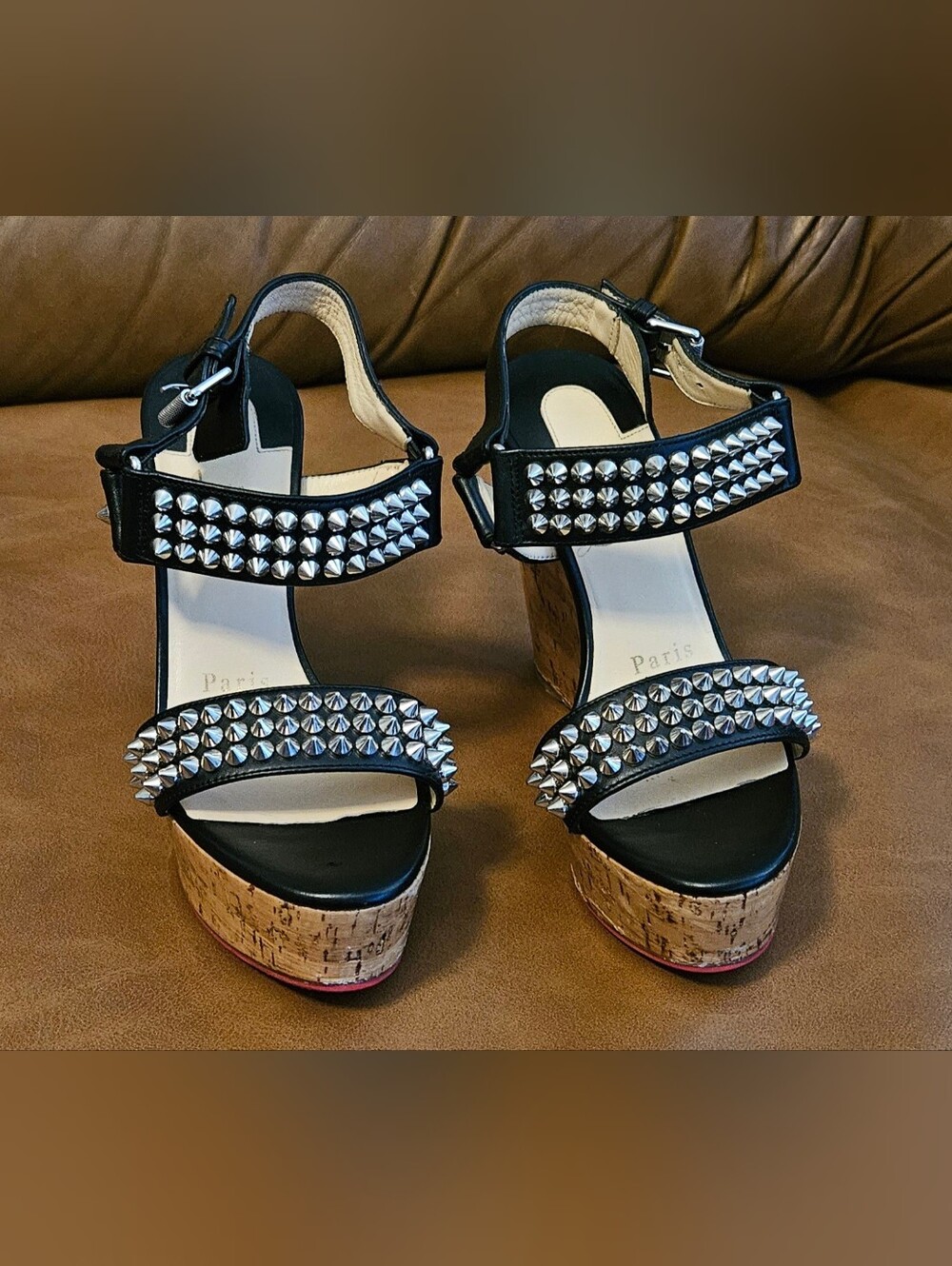 Christian Louboutin Black Leather Spikes-Studded Wedge Sandals Size 4.5 US - Picture 8 of 16